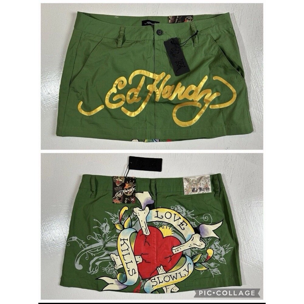 ED Hardy LOVE KILLS SLOWLY Women’s Size LARGE Mini Skirt - Olive Green NEW L